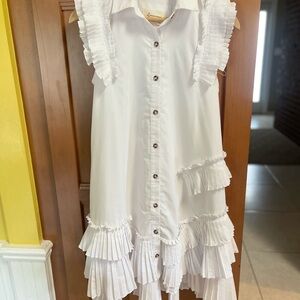 Anthropologie Ruffle white button down dress (XS) XXS